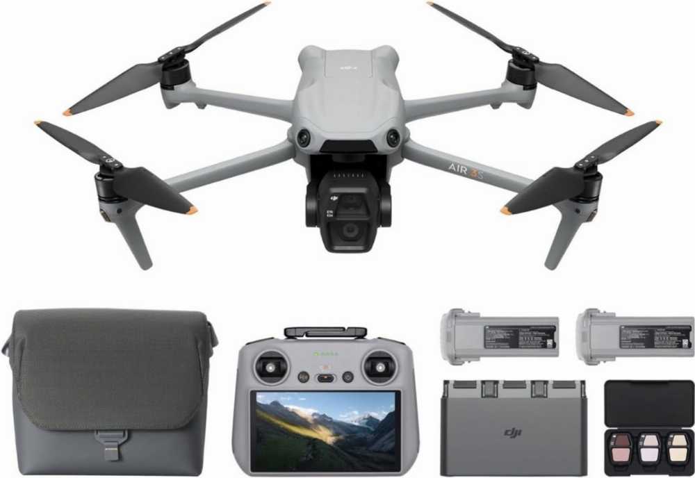 طائرة DJI Air 3 Dual 4K بدون طيار مزودة بجهاز تحكم عن بعد ذكي، وصور بدقة 48 ميجابكسل، ومتوافقة مع نظام تعريف التحكم عن بعد التابع لإدارة الطيران الفيدرالية.